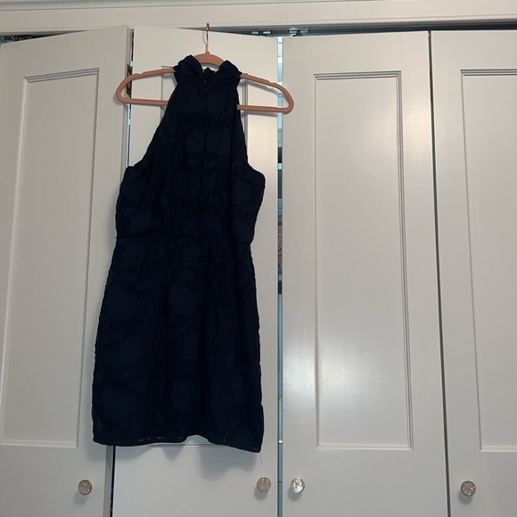 Lulus Chic Demeanor Navy Blue Floral Jacquard Halter Mini Dress - Picture 5 of 6